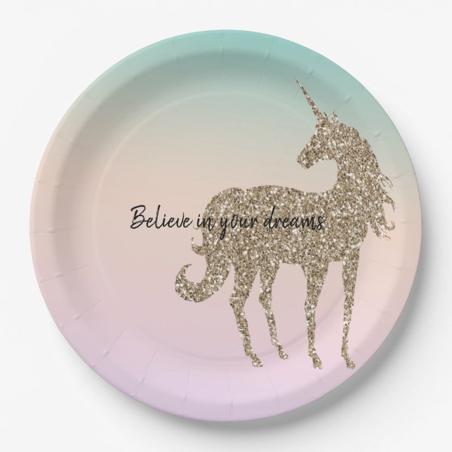 Gold Glitter Unicorn Aqua Peach Pink Shadow Tie Dy Pappteller (Vorderseite)