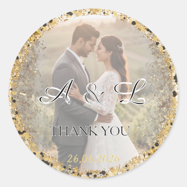 Gold Glitter Wedding Photo A&L Favor Runder Aufkleber (Vorderseite)