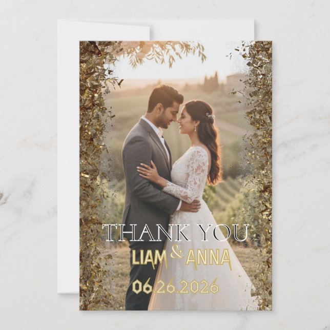 Gold Glitter Wedding Photo Thank You Card Dankeskarte (Vorderseite)