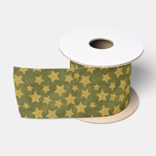 Gold Glitter Weihnachtssterne auf Olivgrün Satinband