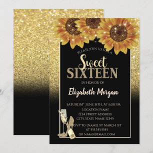 Gold Glitter, Wein, Glas, Sonnenblumen Sweet 16 Pa Einladung