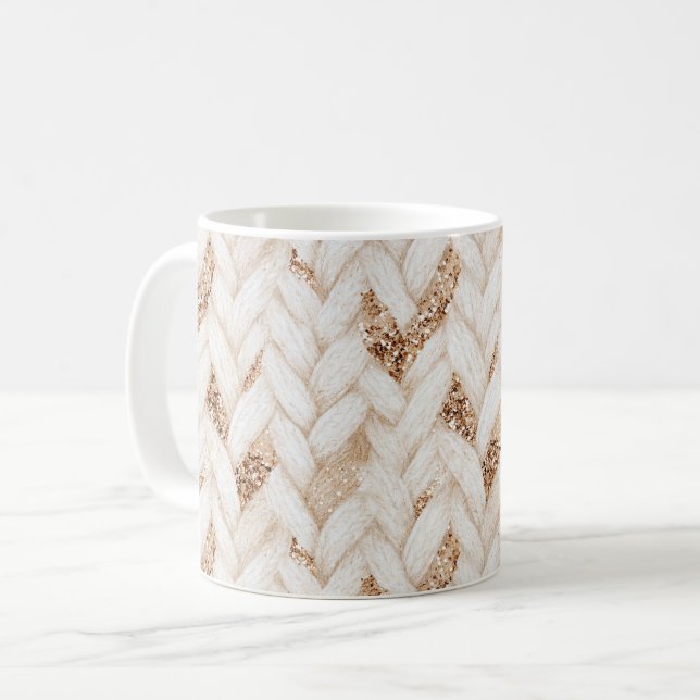 Gold Glitter Weiß Gewebter Faux Stoff   Kaffeetasse (Vorderseite Links)