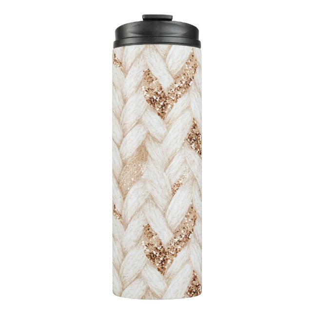 Gold Glitter Weiß Gewebter Faux Stoff   Thermosbecher (Vorderseite)