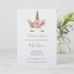 Gold Glitter Wimpern Pink Floral Einhorn Geburtsta Einladung