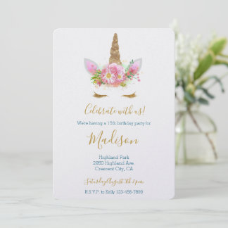 Gold Glitter Wimpern Pink Floral Einhorn Geburtsta Einladung