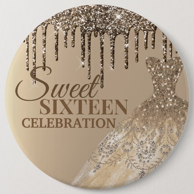 Gold Glittery Glamour Spark Tropfen Sweet 16 Birth Button (Vorderseite)