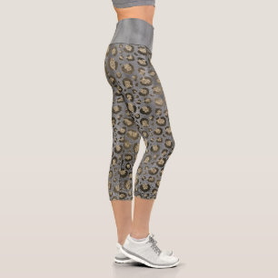 Gold Glittery Leopard Print on Glossy Gray Capri Leggings