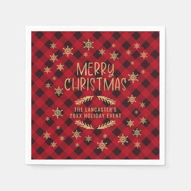 Gold Glittery Snowflake Rot Kariert Frohe Weihnach Serviette (Vorderseite)