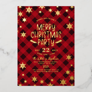 Gold Glittery Snowflake Rotes Kariertes Weihnachts Folieneinladung