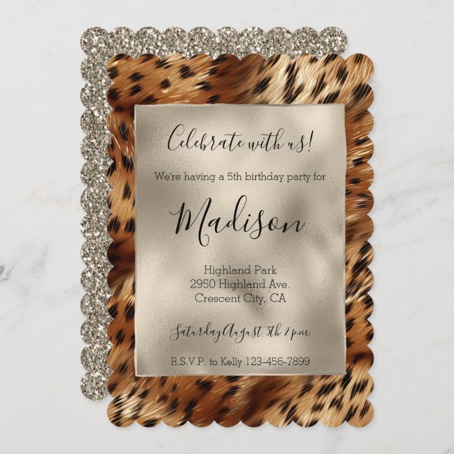 Gold Glitz Stylish Glitzer Leopard Einladung (Vorne/Hinten)