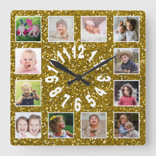 Gold Glitzer 12 FotoCollage Quadratische Wanduhr