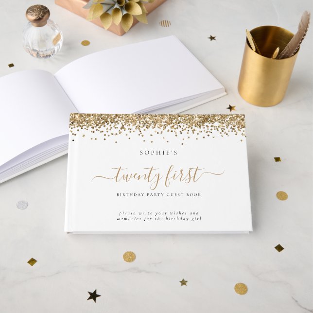 Gold Glitzer 21. Geburtstagsparty Gästebuch (Vorderseite Offen)