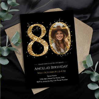 Gold Glitzer 80. Geburtstag Foto Einladung