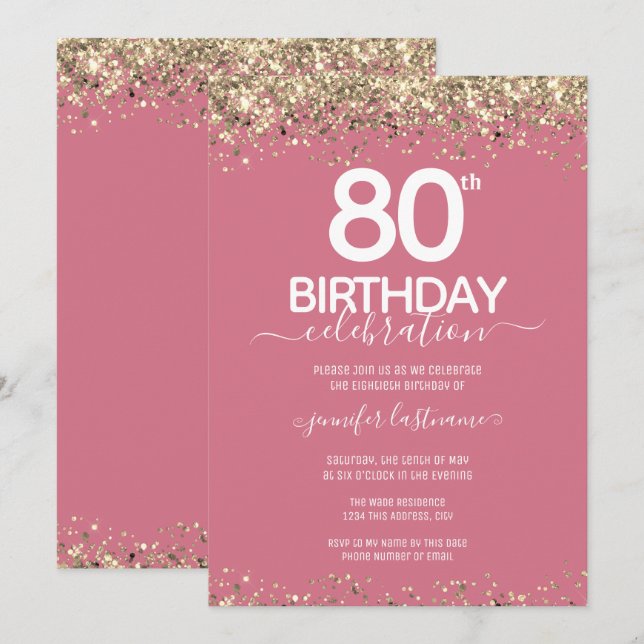 Gold Glitzer 80. Geburtstagsparty Einladung (Vorne/Hinten)