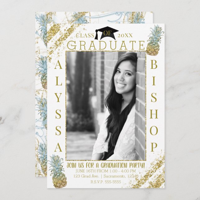 Gold Glitzer Ananas Foto Abschluss Graduate Einladung (Vorne/Hinten)