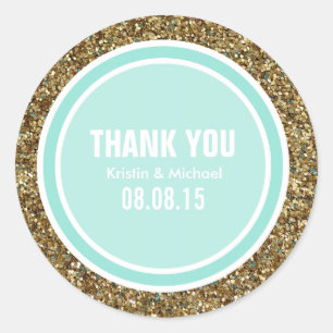 Gold Glitzer & Aqua Blue Danke Label Runder Aufkleber