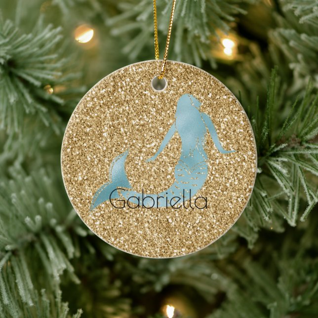 Gold Glitzer Aqua Mermaid Personalisiert Keramik Ornament (Baum)