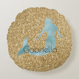 Gold Glitzer Aqua Mermaid Personalisiert Rundes Kissen