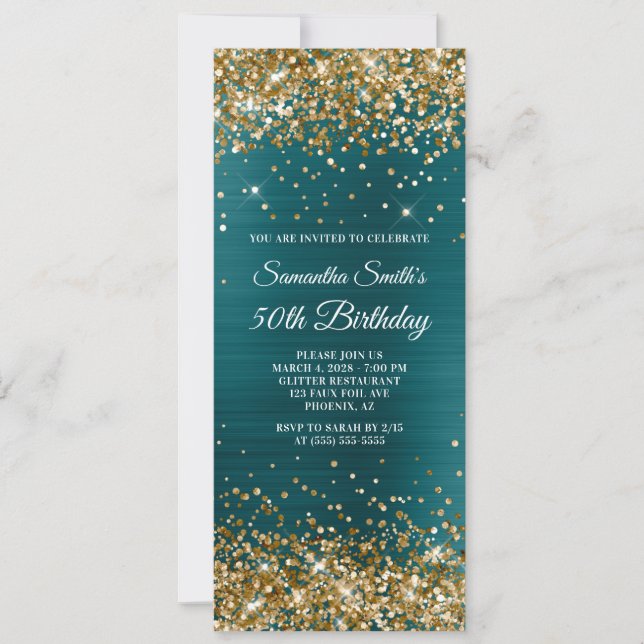 Gold Glitzer Aquamarin Blue Foil 50. Geburtstag Einladung (Vorderseite)