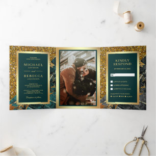 Gold Glitzer Aquamarin Marble Foto Hochzeit Dreifach Gefaltete Einladung