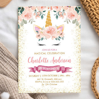 Gold Glitzer Aquamarin Peach Floral Unicorn Geburt Einladung