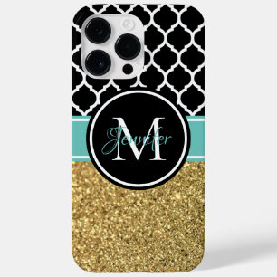 Gold Glitzer Aquamarin Schwarz-weiß Trellis Monogr Case-Mate iPhone 14 Pro Max Hülle