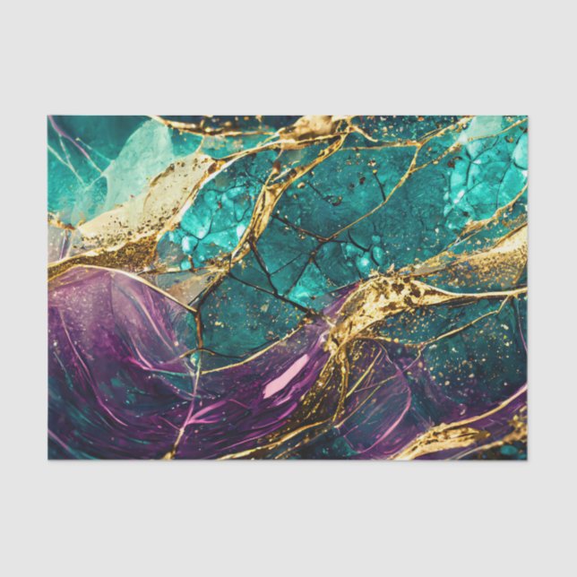 Gold Glitzer Aquamarin und Lila Glas Art Decoupage Seidenpapier (Vorderseite)