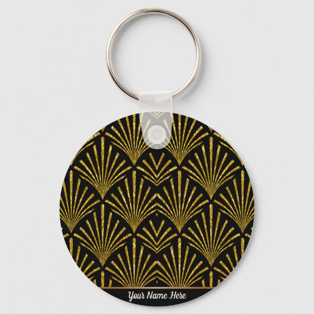 Gold Glitzer Art Deco Muster Keyring Schlüsselanhänger (Vorderseite)
