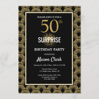 Gold Glitzer auf Black Surprise 50. Geburtstag Einladung