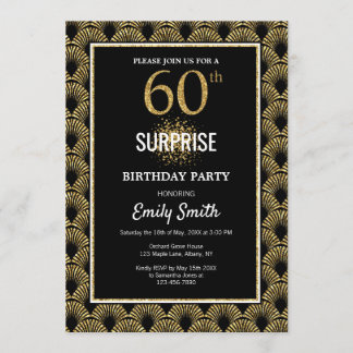 Gold Glitzer auf Black Surprise 60. Geburtstag Einladung