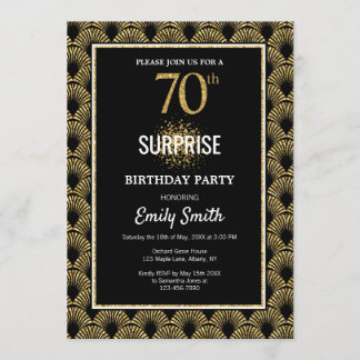 Gold Glitzer auf Black Surprise 70. Geburtstag Einladung