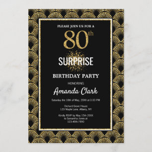 Gold Glitzer auf Black Surprise 80. Geburtstag Einladung