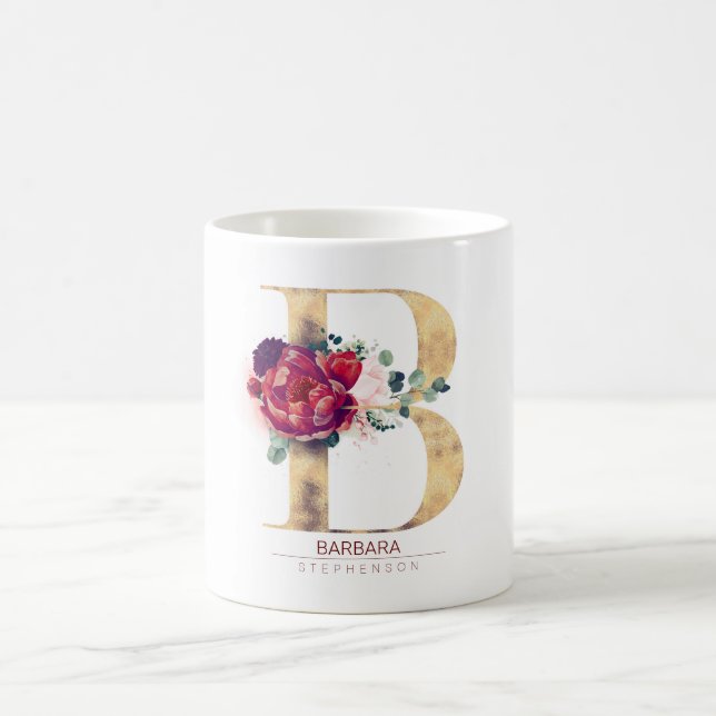 Gold Glitzer B Monogram Floral Burgund Red Kaffeetasse (Mittel)