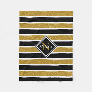 Gold Glitzer B&W Streifen mit Name und Monogramm Fleecedecke