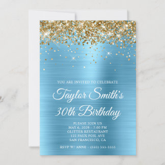 Gold Glitzer Baby Blue Glam 30. Geburtstag Einladung