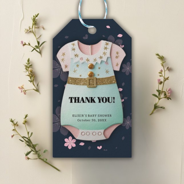 Gold Glitzer Baby Kleidung Floral Baby Dusche Geschenkanhänger (Von Creator hochgeladen)