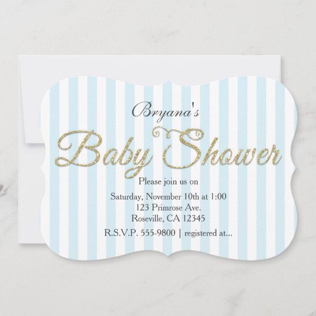 Gold Glitzer BABY SHOWER Blue Striping Einladungen (Vorderseite)