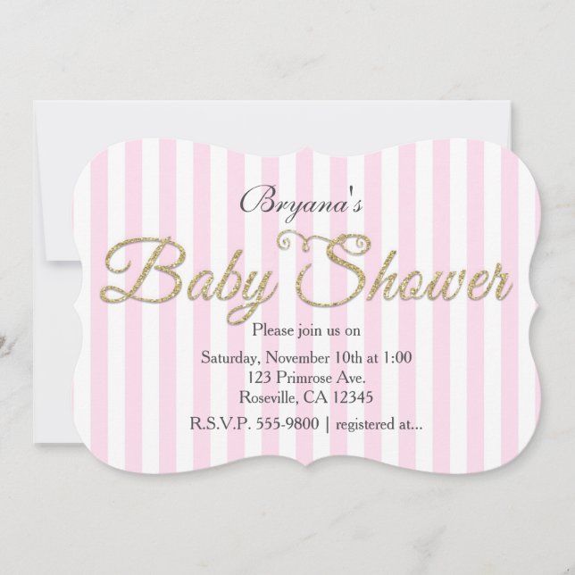 Gold Glitzer BABY SHOWER Pink gestreift Einladunge Einladung (Vorderseite)