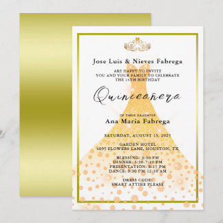 Gold Glitzer Ball Gown, Tiara Quinceañera Geburtst Einladung