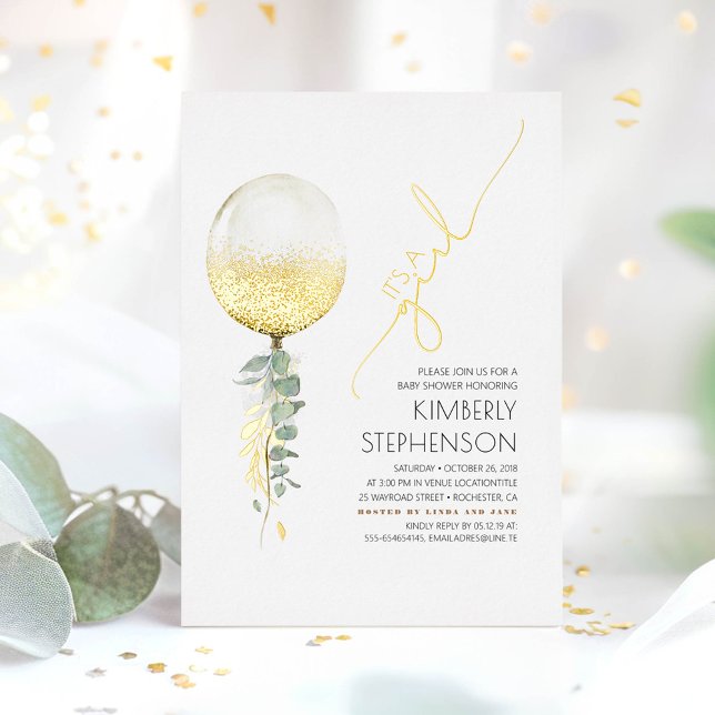 Gold Glitzer Ballon Niedlich Baby Dusche Es ist ei Folieneinladung (Real Gold Foil Greenery Baby Shower Invitation)