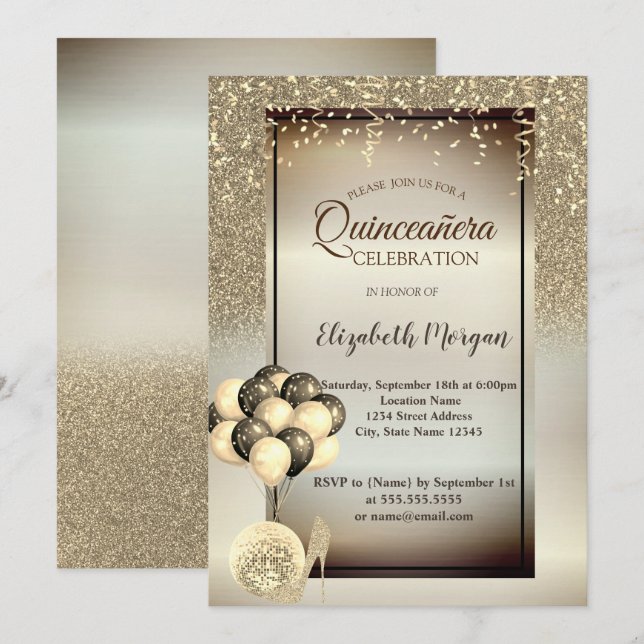 Gold-Glitzer, Ballons, Hochtouren, Quinceanera Einladung (Vorne/Hinten)