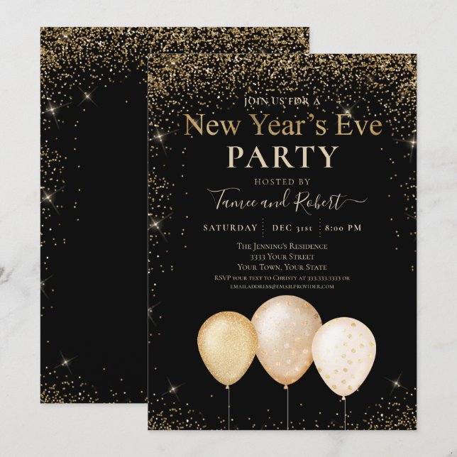 Gold Glitzer Ballons Silvester Party Einladung (Vorne/Hinten)