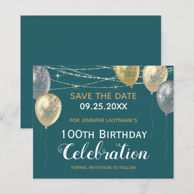 Gold Glitzer Balloons 100. Geburtstag Save the Dat (Vorne/Hinten)