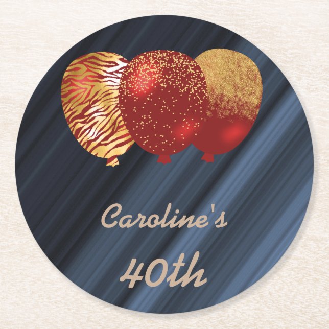 Gold Glitzer Balloons 40. Geburtstag Runder Pappuntersetzer (Vorderseite)