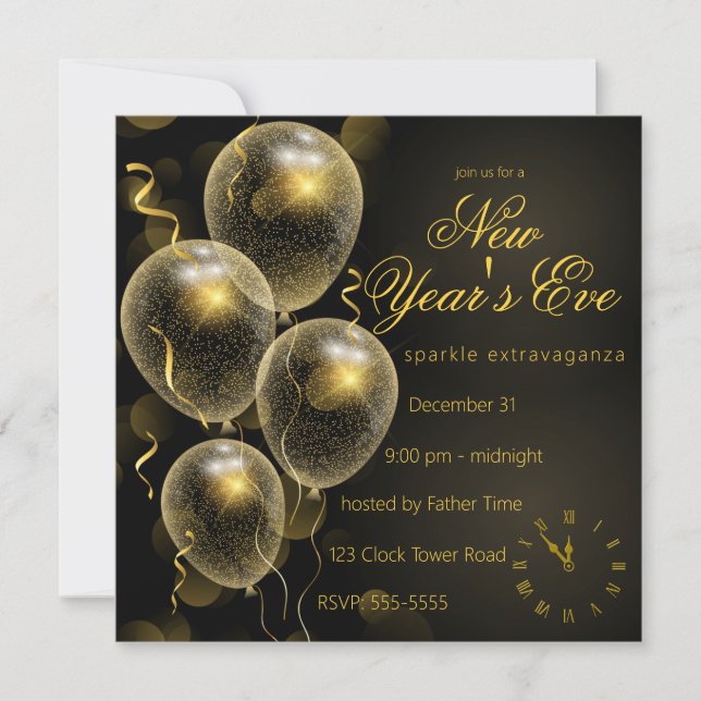 Gold Glitzer Balloons Black New Year's Eve Party Einladung (Vorderseite)