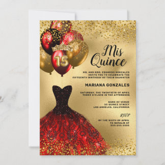 Gold Glitzer Balloons Burgundkleid Quinceanera Einladung