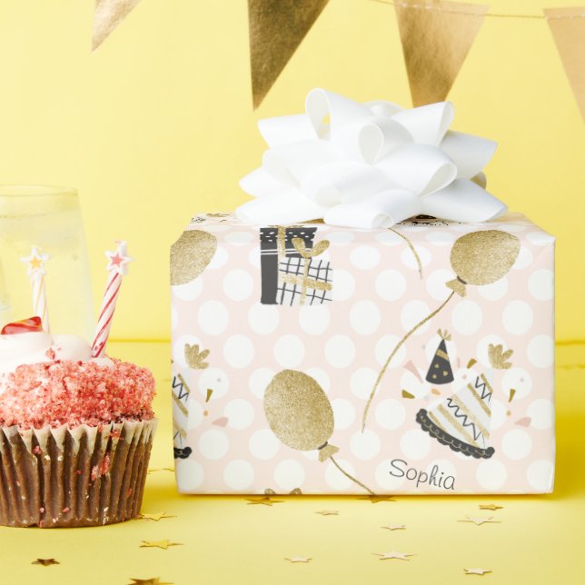 Gold Glitzer Balloons und Party Hats Kindergeburts Geschenkpapier (Geburtstagsparty)