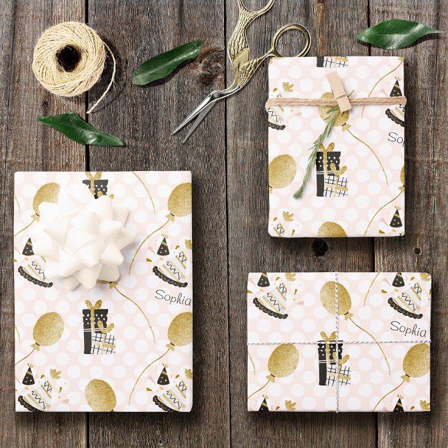 Gold Glitzer Balloons und Party Hats Kindergeburts Geschenkpapier Set (Von Creator hochgeladen)