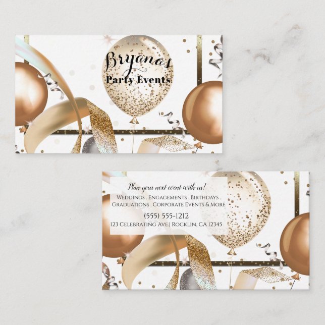 Gold Glitzer Balloons White Party Eventplaner Visitenkarte (Vorne/Hinten)