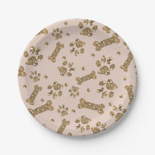 Gold Glitzer Beige Blush Pet Knochen Welpen Hund Pappteller
